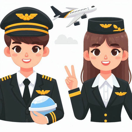 Cute cartoon pilot and stewardess in uniform. Vector illustrationのイラスト素材