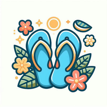 Flip flops and flowers. Vector illustration in doodle styleのイラスト素材