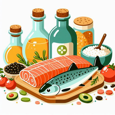 Salmon fish on wooden board with olive oil and spices. Vector illustration.のイラスト素材