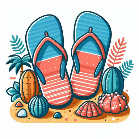 Flip flops on the beach. Vector illustration in cartoon style.のイラスト素材
