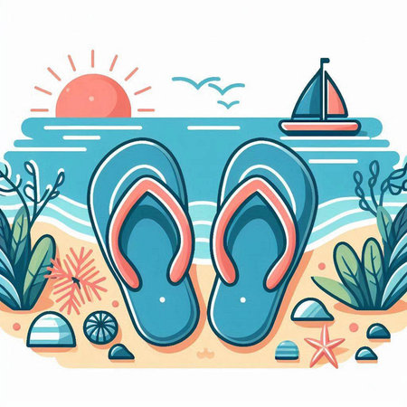 Flip flops on the seashore. Vector illustration.のイラスト素材