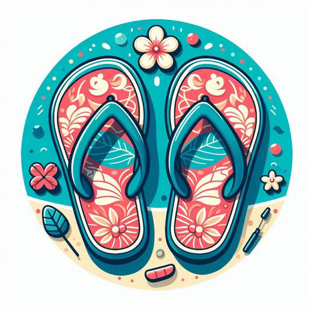Flip flops with floral pattern in circle. Vector illustration.のイラスト素材