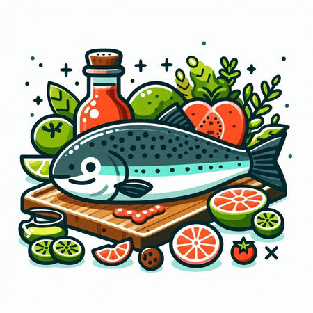Fresh fish on wooden board with ingredients for cooking. Vector illustration.のイラスト素材