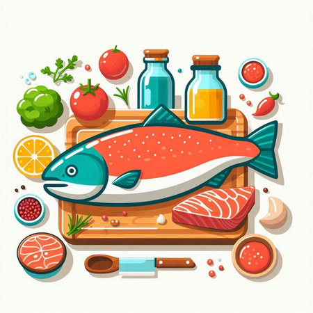 Fresh salmon fish with ingredients for cooking. Vector illustration in flat styleのイラスト素材