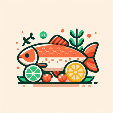 Vector illustration of a stylized red fish in a cart with lemon.のイラスト素材