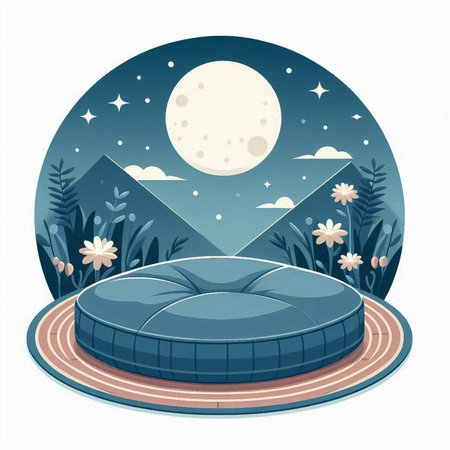 Vector illustration of a night landscape with a round terrace and a round sofa.のイラスト素材