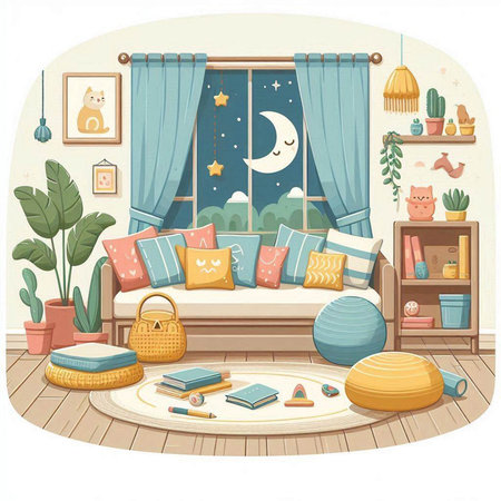 Illustration of a cozy living room with a sofa, pillows and other itemsのイラスト素材