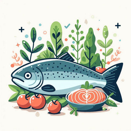 Salmon fish with vegetables and herbs. Vector illustration in flat style.のイラスト素材