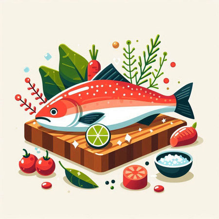 Fresh salmon on wooden board with vegetables and spices. Vector illustration.のイラスト素材