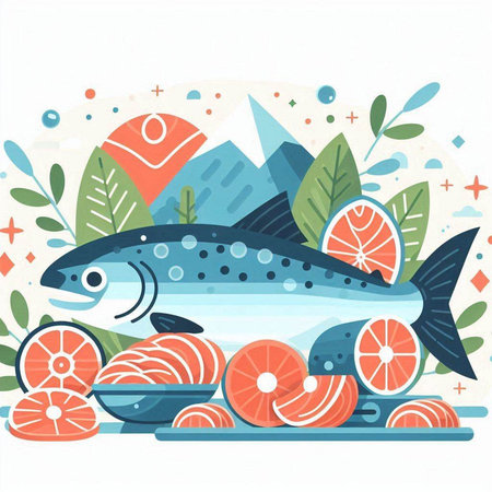 Vector illustration of fresh fish with vegetables and fruits on white background.のイラスト素材