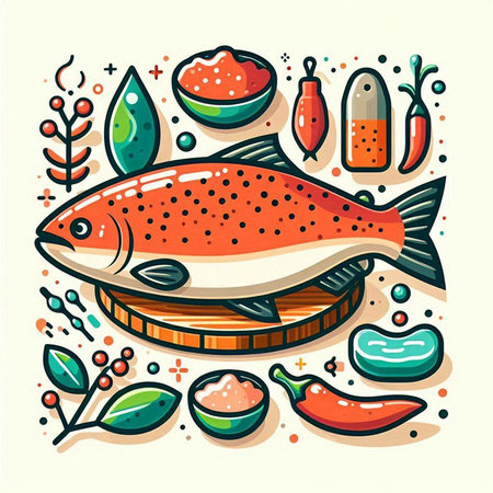 Vector illustration of fresh salmon fish with vegetables, herbs and spices.のイラスト素材