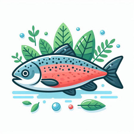 Salmon fish with leaves and water drops. Vector illustration in cartoon style.のイラスト素材