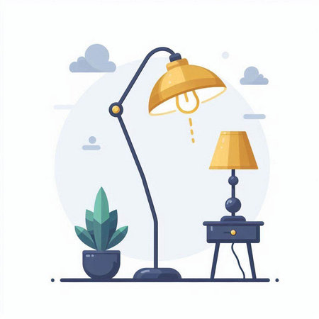 Flat design modern vector illustration concept of home interior with table lamp, lampshade and plant.のイラスト素材