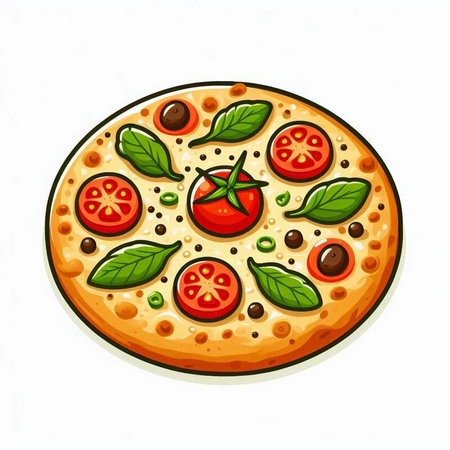 Pizza with tomato, mozzarella and basil. Vector illustration.のイラスト素材