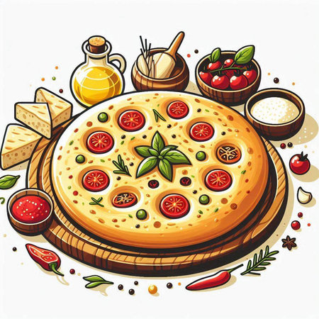 Pizza with olives, cheese, tomatoes and basil. Vector illustration.のイラスト素材