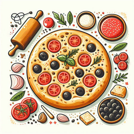 Pizza with tomatoes, olives and herbs. Vector illustration.のイラスト素材