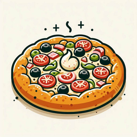 Pizza with tomatoes, olives and mozzarella. Vector illustration.のイラスト素材