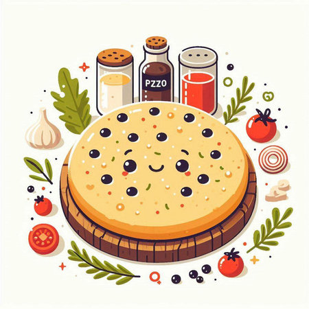 Pizza with olives, tomatoes and spices. Vector illustration.のイラスト素材