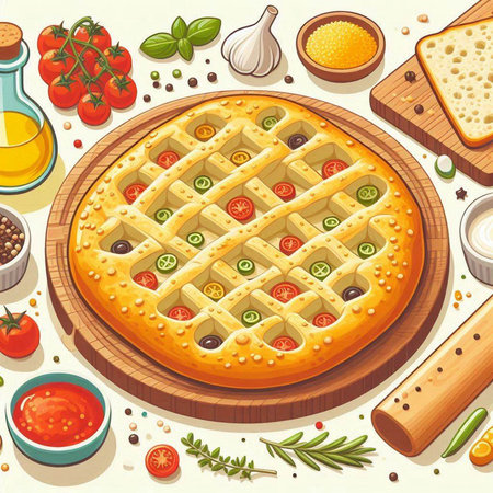 Illustration of a pizza with tomatoes, olives, cheese and herbsのイラスト素材