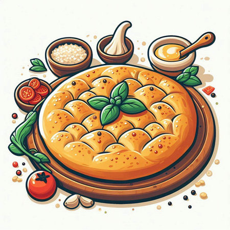 Illustration of a pie with tomato and basil on a white backgroundのイラスト素材