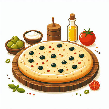Pizza with olives and tomato on wooden board. Vector illustrationのイラスト素材
