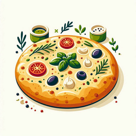 Illustration of pizza with olives, mozzarella and basilのイラスト素材