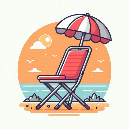 Beach chair with umbrella. Vector illustration in flat cartoon style.のイラスト素材