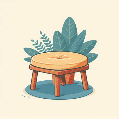 Illustration of a wooden stool with a plant in the background.のイラスト素材