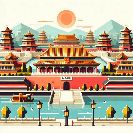 Ancient buildings in Beijing, China. Vector illustration in retro style.のイラスト素材
