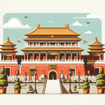 Ancient Chinese building. Vector illustration in retro style. Elements for design.のイラスト素材