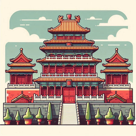 Ancient Chinese building in Beijing, China. Vector illustration in retro style.のイラスト素材