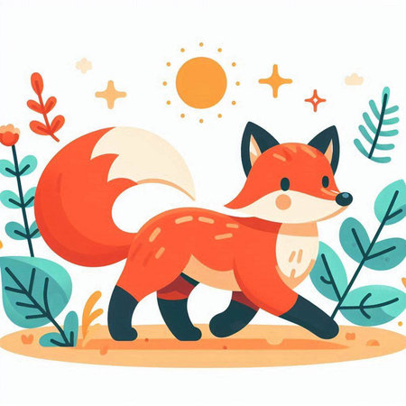 Cute cartoon fox on the background of nature. Vector illustration.のイラスト素材