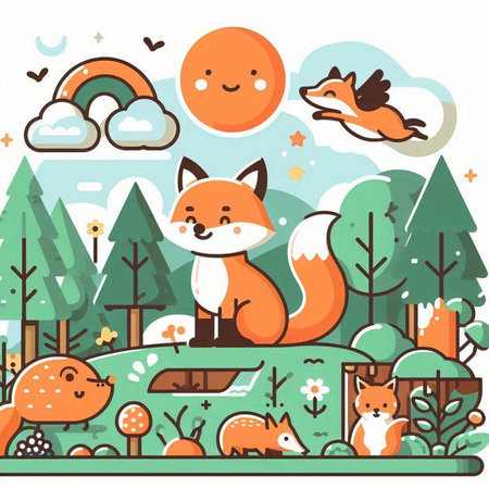 Cute foxes in the forest. Vector illustration in flat styleのイラスト素材