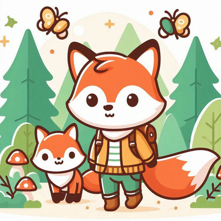Cute cartoon fox family in forest. Vector illustration for kids.のイラスト素材
