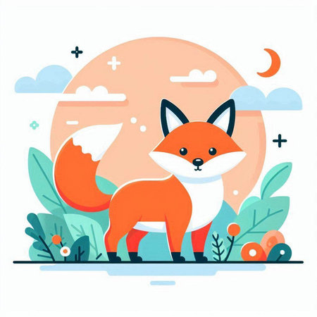 Cute fox in the forest. Vector illustration in flat style.のイラスト素材
