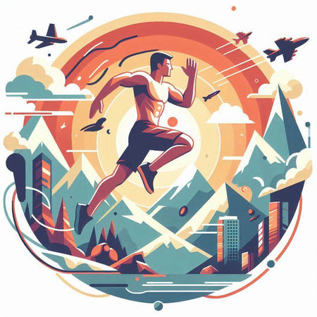 Running man in the city. Vector illustration in retro style on the theme of active lifestyle.のイラスト素材