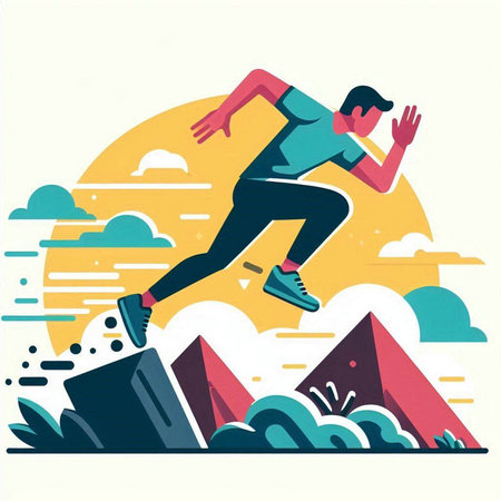 Man running on the top of the mountain. Vector flat illustration.のイラスト素材
