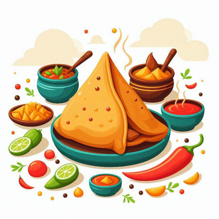 Mexican food vector illustration. Traditional mexican food with guacamole, nachos, salsa, guacamole, corn tortilla chips, chili pepper, guacamole, sombreroのイラスト素材