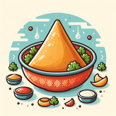 Vector illustration of indian food in bowl with herbs and spices.のイラスト素材