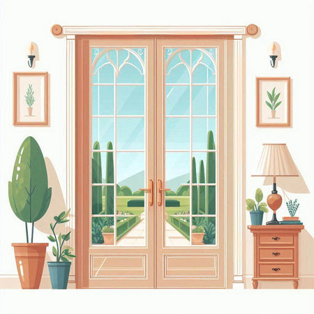 Vector illustration of a room with wooden doors, plants and lamps.のイラスト素材