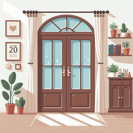 Interior of the room with wooden doors and plants. Vector illustrationのイラスト素材
