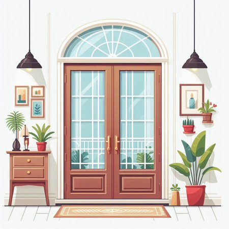Interior of room with wooden door, plants and lamps. Vector illustrationのイラスト素材