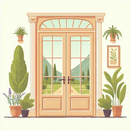 Vector illustration of a wooden door with plants and plants in pots.のイラスト素材
