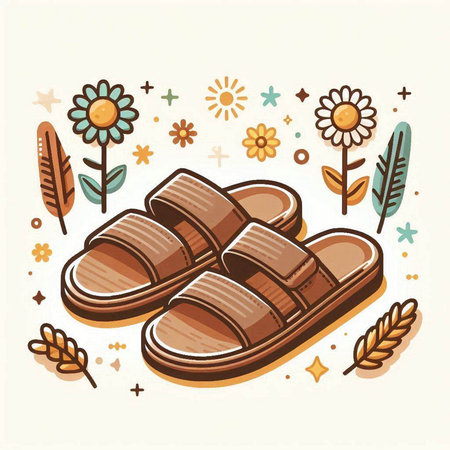 Vector illustration of slippers and flowers in doodle style.のイラスト素材