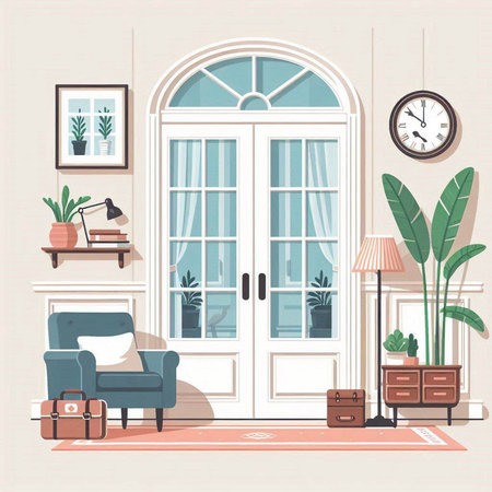 Vector illustration of a living room interior with a sofa, armchair, bookshelf, clock and potted plants.のイラスト素材