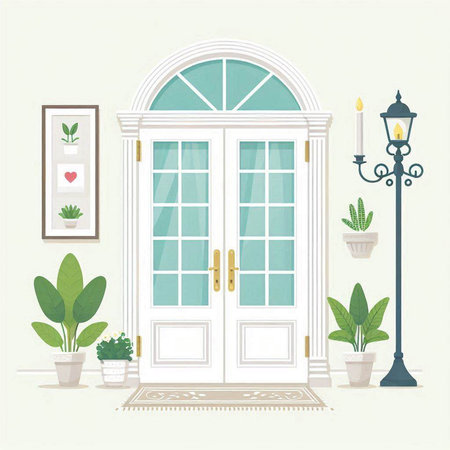 Interior design with door and plants. Vector illustration in flat style.のイラスト素材