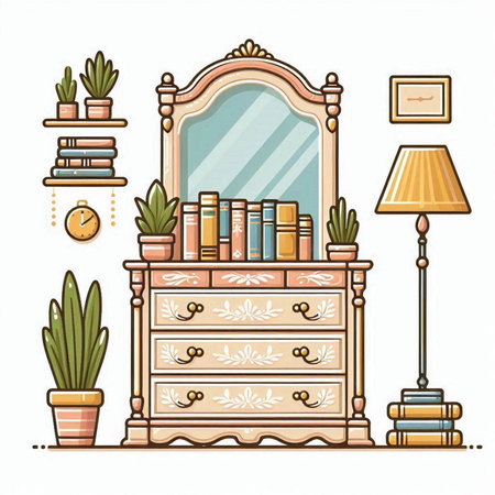 Furniture and interior elements in vintage style. Vector illustration.のイラスト素材