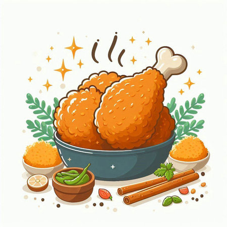 Fried chicken drumstick in bowl with spices. Vector illustration.のイラスト素材