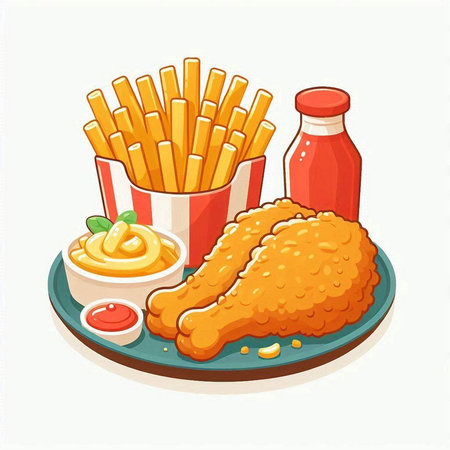 Fast food vector illustration. Fried chicken, french fries and ketchup.のイラスト素材