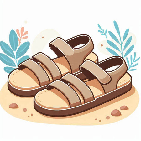 Illustration of a pair of sandals on the sand. Vector illustration.のイラスト素材